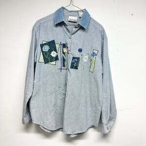 Vtg CASEY & MAX Blue 90's Styled Button Down Embroidered Long Sleeve Button Up